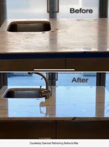 Before and after marble countertop polishing showing restoration of shine and removal of etching.