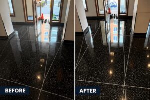 before and after terrazzo floor polishing chicago il showing restored shine and reflective finish