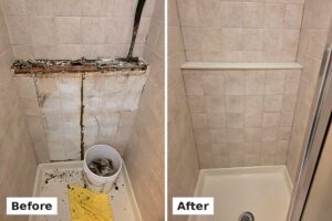 Before and after leaking shower wall repair in Glenview, IL by Prestige Grout