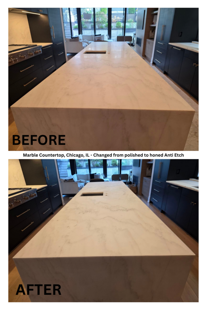 Before and after of a white marble waterfall island in Chicago, IL changed from a polished to a honed finish with MORE AntiEtch protection